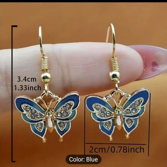 Kohl's Blue Teal Golden‎ Gemstone Pave Butterfly Drop Earrings Enamel - Picture 2 of 4